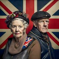 idosos britânico casal com União jack bandeira, generativo ai foto