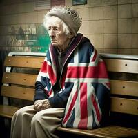 idosos britânico mulher com União jack bandeira, generativo ai foto