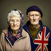 idosos britânico casal com União jack bandeira, generativo ai foto