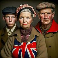 uma impressionante imagem apresentando britânico pessoas orgulhosamente exibindo a União jack bandeira, criada através generativo ai. foto