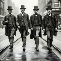 vintage Preto e branco foto do quatro policiais dentro cedo 20 século vestuário em uma rua. generativo ai.