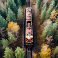 aéreo Visão do oxidado trem dentro indomado floresta. generativo ai. foto