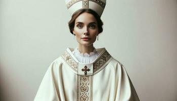 retrato do uma lindo jovem mulher Como a Novo papa. generativo ai. foto