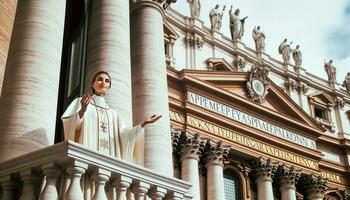 histórico momento fêmea papa eleito em Vaticano sacada. generativo ai. foto