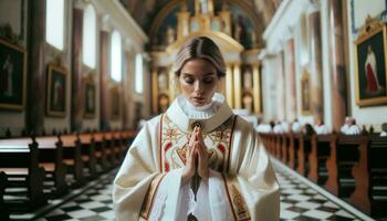 retrato do uma lindo jovem mulher Como a Novo papa. generativo ai. foto