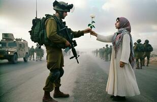 palestino mulher oferta Paz flor para israelense soldado. generativo ai. foto