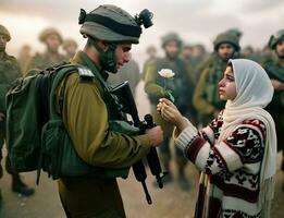 palestino mulher oferta Paz flor para israelense soldado. generativo ai. foto