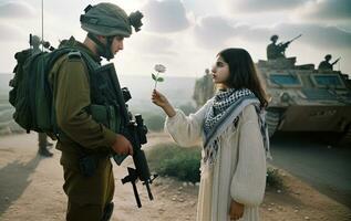 palestino mulher oferta Paz flor para israelense soldado. generativo ai. foto