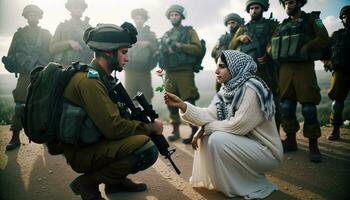 palestino mulher oferta Paz flor para israelense soldado. generativo ai. foto