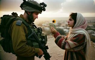 palestino mulher oferta Paz flor para israelense soldado. generativo ai. foto