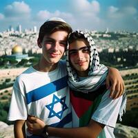 israelense e palestino Adolescência amigos dentro Jerusalém. generativo ai. foto