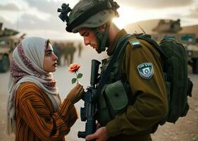 palestino mulher oferta Paz flor para israelense soldado. generativo ai. foto