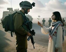 palestino mulher oferta Paz flor para israelense soldado. generativo ai. foto