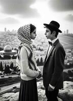 jovem casal dentro amor símbolo do Paz e reconciliação dentro Jerusalém. generativo ai. foto