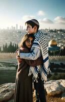 jovem casal dentro amor símbolo do Paz e reconciliação dentro Jerusalém. generativo ai. foto