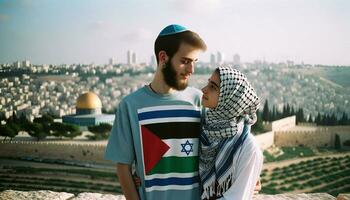 jovem casal dentro amor símbolo do Paz e reconciliação dentro Jerusalém. generativo ai. foto