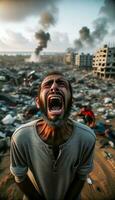 solitário homem dentro dilacerado pela guerra árabe cidade. generativo ai foto
