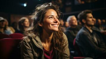 retrato do uma feliz jovem mulher sentado dentro cinema e olhando às tela. foto