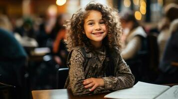 fofa pequeno menina com encaracolado cabelo sentado às uma mesa dentro escola. foto