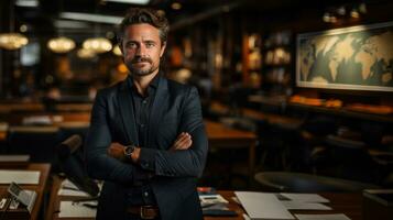 retrato do uma bonito arquiteto homem em pé com braços cruzado. foto