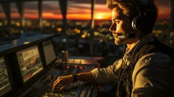 ar tráfego controlador trabalhador. escritório quarto com navegação telas, avião saída e chegada dados equipe. aeroporto torre conceito. foto