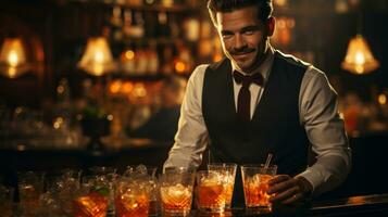 retrato do uma bonito barman em pé atrás a contador dentro uma Boate. foto