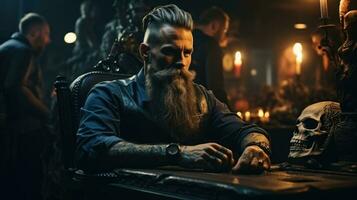 bonito barbudo homem com tatuagem em dele braço sentado às a mesa dentro uma Sombrio quarto com scull. foto