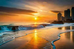 a pôr do sol em a de praia dentro porto Vallarta, México. gerado por IA foto