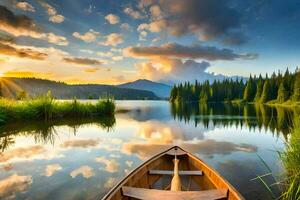 a barco é em a lago às pôr do sol. gerado por IA foto