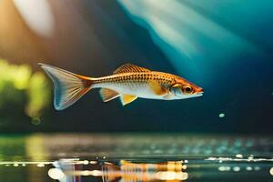 uma peixe é flutuando dentro a água com luz solar brilhando em isto. gerado por IA foto