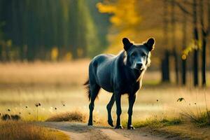 uma Lobo é caminhando em uma sujeira estrada dentro a meio do uma floresta. gerado por IA foto