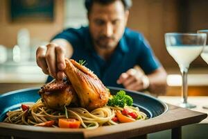 uma homem é segurando uma frango em uma placa. gerado por IA foto