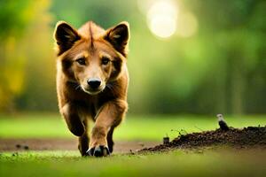 uma cachorro corrida em a Relva dentro a parque. gerado por IA foto