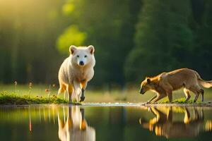 dois cachorros caminhando dentro a água às pôr do sol. gerado por IA foto