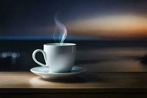 uma copo do café em uma de madeira mesa com uma Visão do a oceano. gerado por IA foto