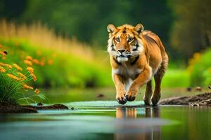 uma tigre caminhando através uma corrente dentro a selvagem. gerado por IA foto