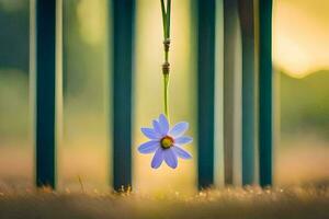 uma solteiro azul flor suspensão a partir de uma pólo. gerado por IA foto