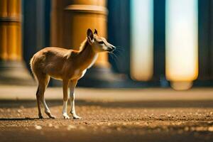 uma veado carrinhos dentro frente do colunas dentro uma parque. gerado por IA foto