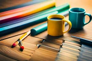 colorida lápis, café copos e uma régua em uma de madeira mesa. gerado por IA foto