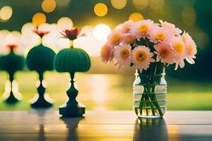 uma vaso com Rosa flores sentado em uma mesa. gerado por IA foto