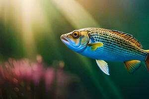 uma peixe natação dentro a água com luz solar brilhando. gerado por IA foto