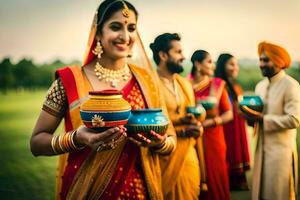 indiano mulheres dentro tradicional vestuário segurando potes. gerado por IA foto