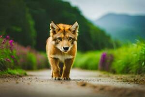 uma Lobo é caminhando baixa uma estrada dentro a meio do uma campo. gerado por IA foto