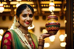 uma lindo mulher dentro tradicional indiano vestuário segurando uma Panela. gerado por IA foto