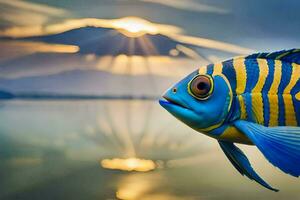 uma azul e amarelo peixe com uma Sol dentro a fundo. gerado por IA foto