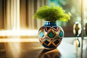uma vaso com verde plantas sentado em uma mesa. gerado por IA foto