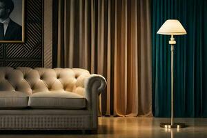 uma vivo quarto com uma sofá e lâmpada. gerado por IA foto