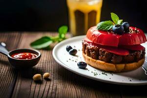 uma Hamburger com tomate, alface e ketchup em uma branco placa. gerado por IA foto