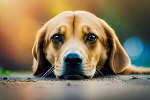 uma cachorro deitado em a terra com Está cabeça abaixo. gerado por IA foto