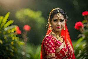 lindo indiano noiva dentro vermelho sári. gerado por IA foto